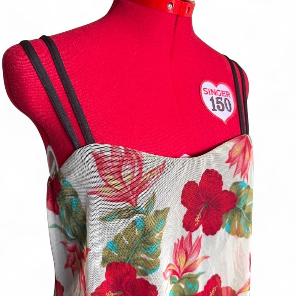 Vintage One Piece Swimsuit Swim Dress red and white hibiscus floral mesh - Picture 2 of 8